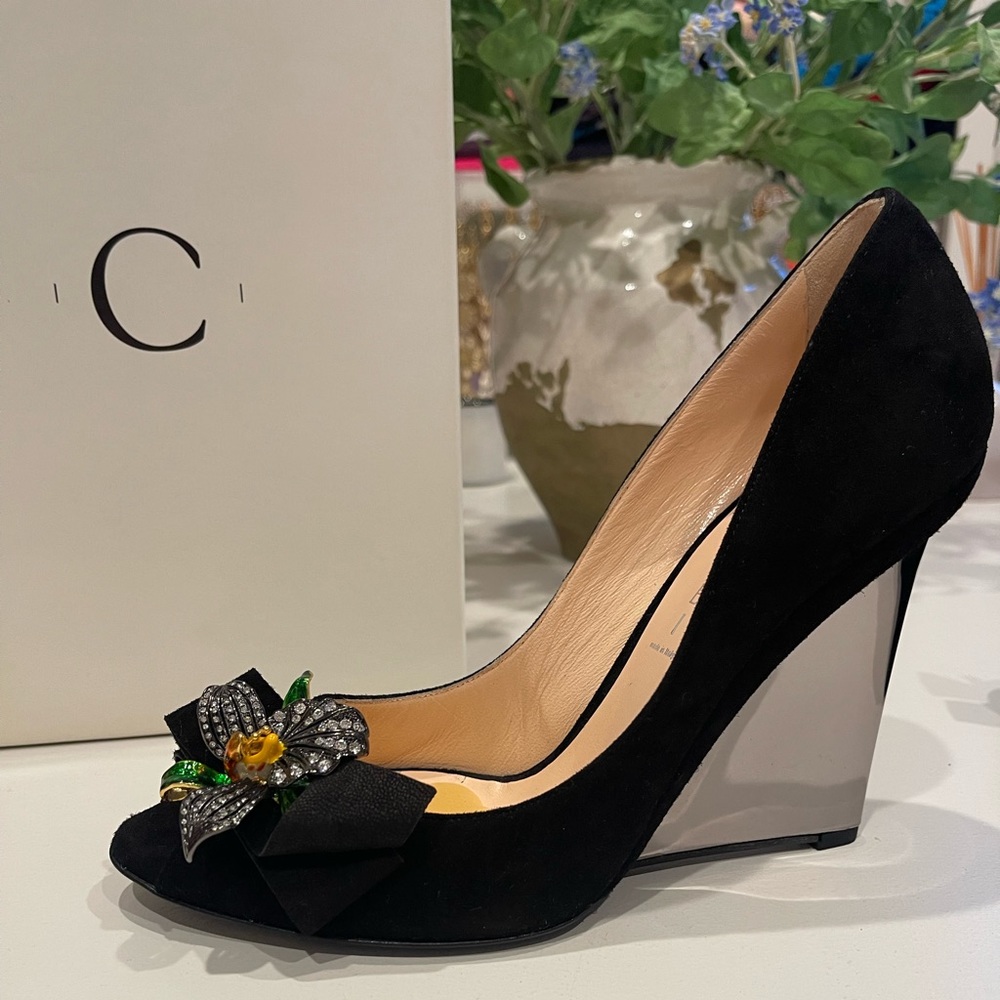 Casadei black wedge silver heel. beautiful floral bow size 41 never been worn